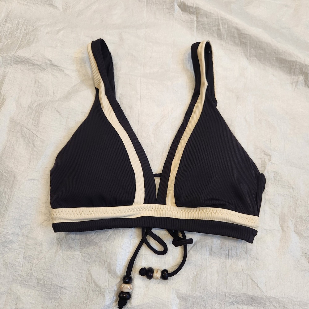 New BECCA by Rebecca Virtue Coast Line Ribbed Plunge Bikini Top Black Tan Medium